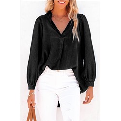 Black Split V-Neck Balloon Sleeve Ruched Denim Top