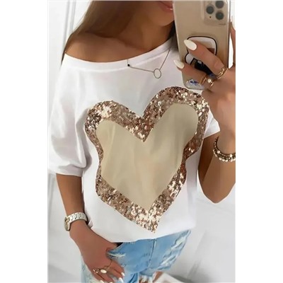 White Valentine's Day Sequined Heart Crew Neck Short Sleeve Top