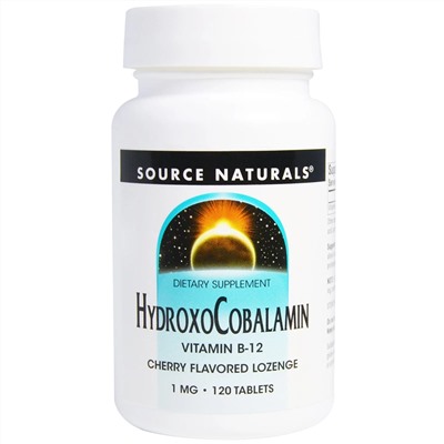 Source Naturals, Гидроксокобаламин, витамин B12, пастилки со вкусом вишни, 1 мг, 120 таблеток