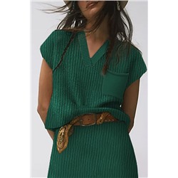 Blackish Green Chest Pocket V Neck Ribbed Cap Sleeve Sweater