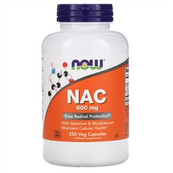 Now Foods, NAC (N-ацетилцистеин), 600 мг, 250 растительных капсул