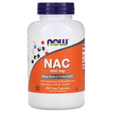 Now Foods, NAC (N-ацетилцистеин), 600 мг, 250 растительных капсул