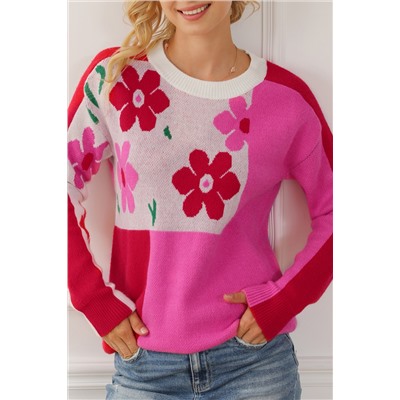 Rose Red Floral Mixed Color Block Sweater