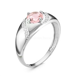 Кольцо из серебра с пл.кварцем цв.розовый и фианитами родированное