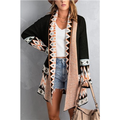 Black Aztec Print Open Front Knitted Cardigan