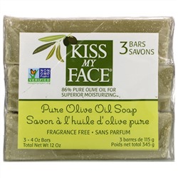 Kiss My Face, Pure Olive Oil Soap, Fragrance Free, 3 Bars, 4 oz (115 g) Each
