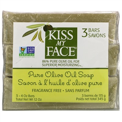 Kiss My Face, Pure Olive Oil Soap, Fragrance Free, 3 Bars, 4 oz (115 g) Each