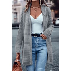 Gray Horizontal Rib Knitted Open Front Hooded Cardigan