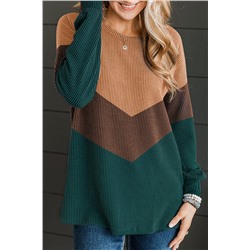 Blackish Green Color Block Corded Texture Long Sleeve Top