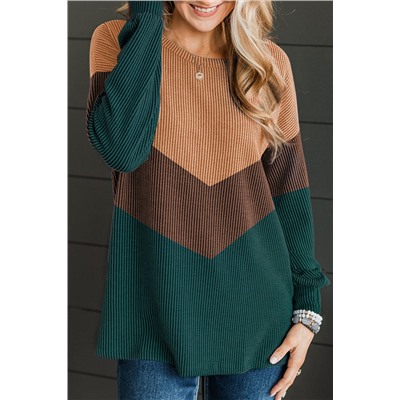 Blackish Green Color Block Corded Texture Long Sleeve Top