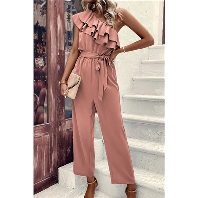 Dusty Pink One Shoulder Ruffle Trim Belted Jumpsuit