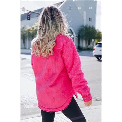 Bright Pink Faux Suede Sherpa Patchwork Button-up Shacket