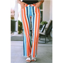 Multicolor Striped Raw Hem Flared Bottom Denim Pants