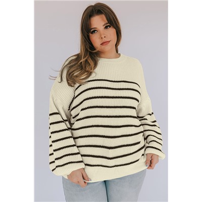 Khaki Plus Size Striped Drop Shoulder Puff Sleeve Sweater