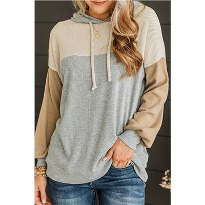 Gray Vintage Ribbed Knit Color Block Hoodie