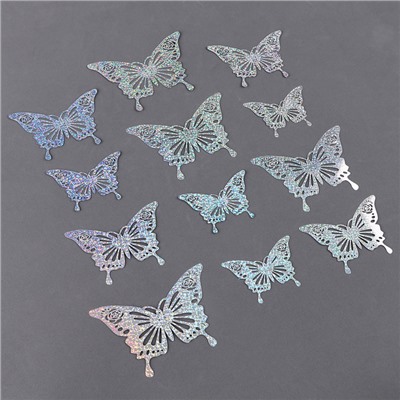 Набор для украшения «Бабочки», набор 12 шт, цвет голография серебро