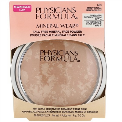 Physicians Formula, Mineral Wear, Пудра для лица, SPF 16, «Кремовый натуральный», 9 г (0,3 унции)