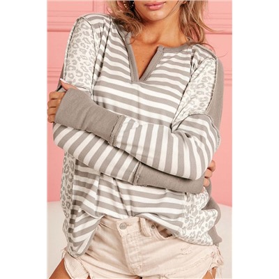 White Leopard Striped Patch Thumbhole Sleeve Top