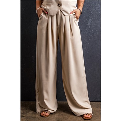 Apricot Elastic Waist Pleated Wide Leg Pants