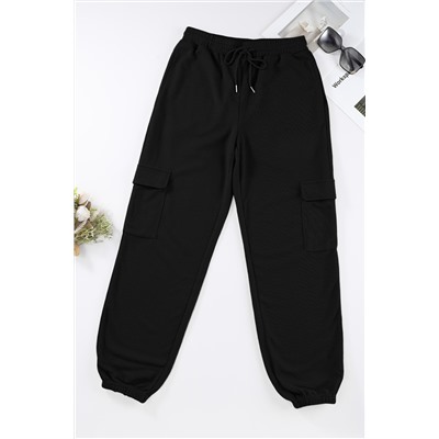 Black Waffle Texture Cargo Pocket Jogger Pants