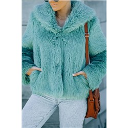 Green Collared Side Pockets Winter Fuzzy Coat