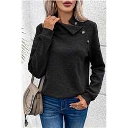 Black Asymmetric Buttons Detail High Neck Textured Sweatshirt