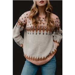 Multicolor Mixed Geometric Detail Raglan Sleeve Sweater