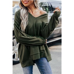 Green Expose Seam Detail Split Neck Long Sleeve Top