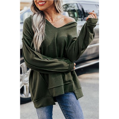 Green Expose Seam Detail Split Neck Long Sleeve Top