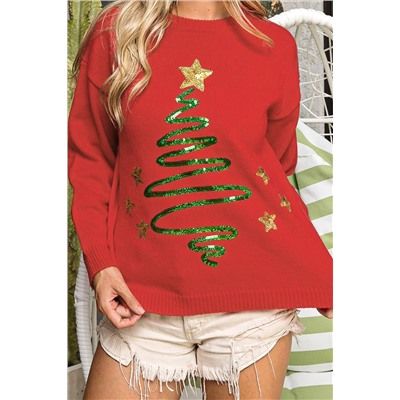 Fiery Red Sequined Christmas Tree Sketch Drop Shoulder Sweater