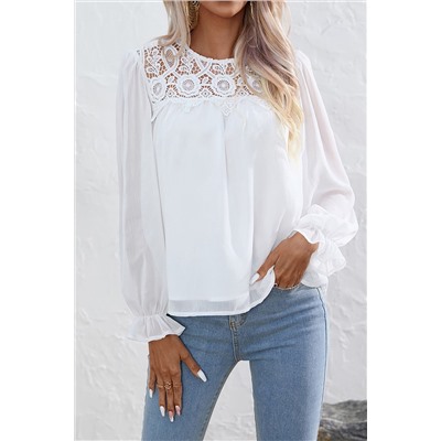 White Lace Patch Sheer Flounce Sleeve Blouse