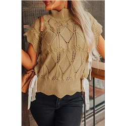 Light French Beige Hollowed Knit Scalloped Trim High Neck Sweater