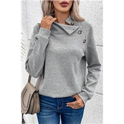 Gray Asymmetric Buttons Detail High Neck Textured Sweatshirt