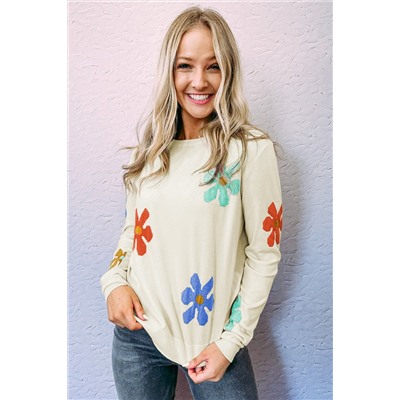 White Sweet Floral Pullover Sweater