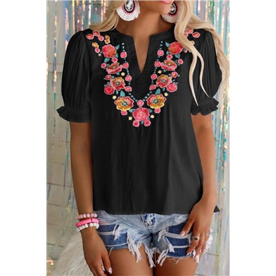 Black Floral Embroidered Ruffled Puff Sleeve Blouse