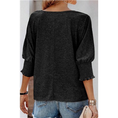 Black Smocked 3/4 Sleeve Casual Loose Top