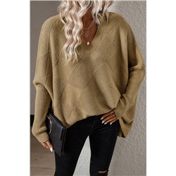 Camel Checkered Textured Batwing Sleeve Sweater