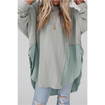 Grey Crinkle Splicing Raw Hem High Low Oversized Blouse