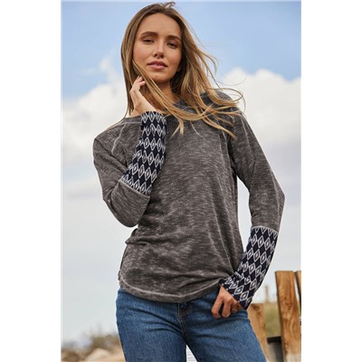 Gray Aztec Patchwork Ribbed Long Sleeve Top