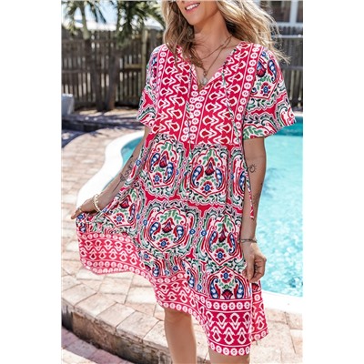 Pink Bohemian Print Tie Neck Ruffle Hem Short Dress