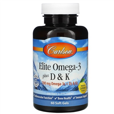 Carlson Labs, Elite Omega-3 с витаминами D и K, натуральный вкус лимона, 60 мягких таблеток