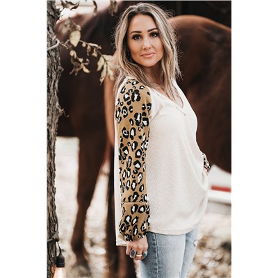 Beige Printed Plus Size Waffle Knit Contrast Leopard Long Sleeve Top