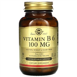 Solgar, Витамин В6, 100 мг, 250 растительных капсул