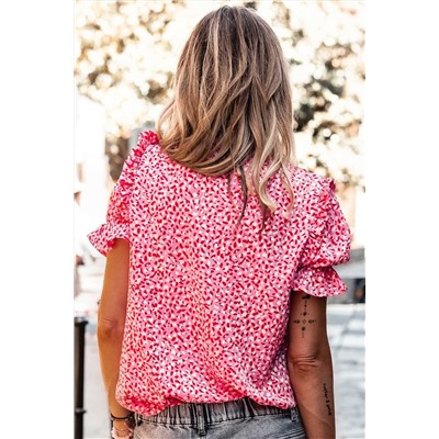 Pink Abstract Print Buttoned Ruffle Sleeve Shirt