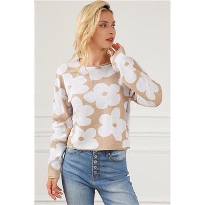 Light French Beige Flower Pattern Cropped Sweater