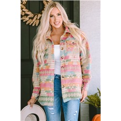 Multicolor Western Aztec Print Button Flap Pocket Shacket