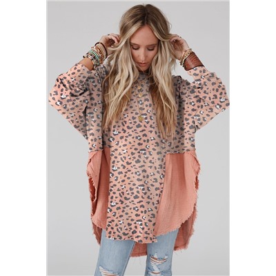 Pink Raw Edge Leopard Patchwork Oversized Blouse