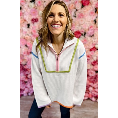 White Colorful Edge Quarter Zip Drop Shoulder Sweater