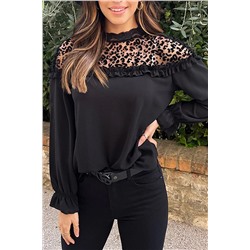 Black Leopard Mesh Splicing Ruffle Long Sleeve Blouse