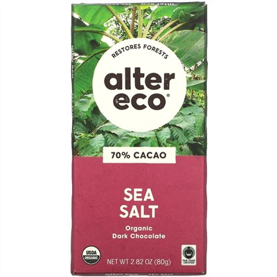 Alter Eco, плитка органического темного шоколада, морская соль, 70% какао, 80 г (2,82 унции)